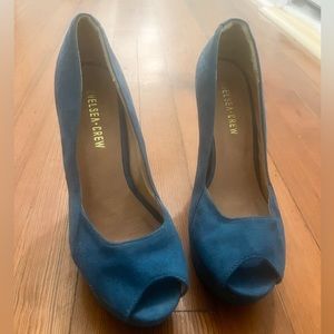 Chelsea Crew Teal open toe platform heels